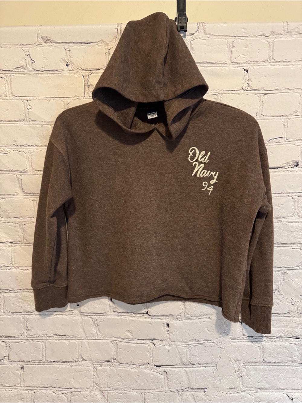 Old Navy Girls Brown Hooded Cropped Sweatshirt with Script Logo Medium